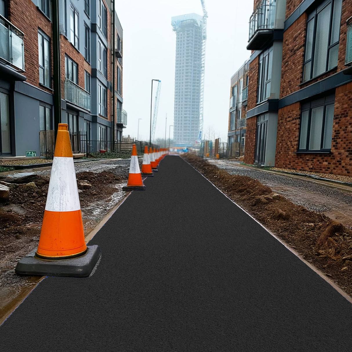 Row of orange traffic cones on a black walkway site mat with modern buildings in the background.