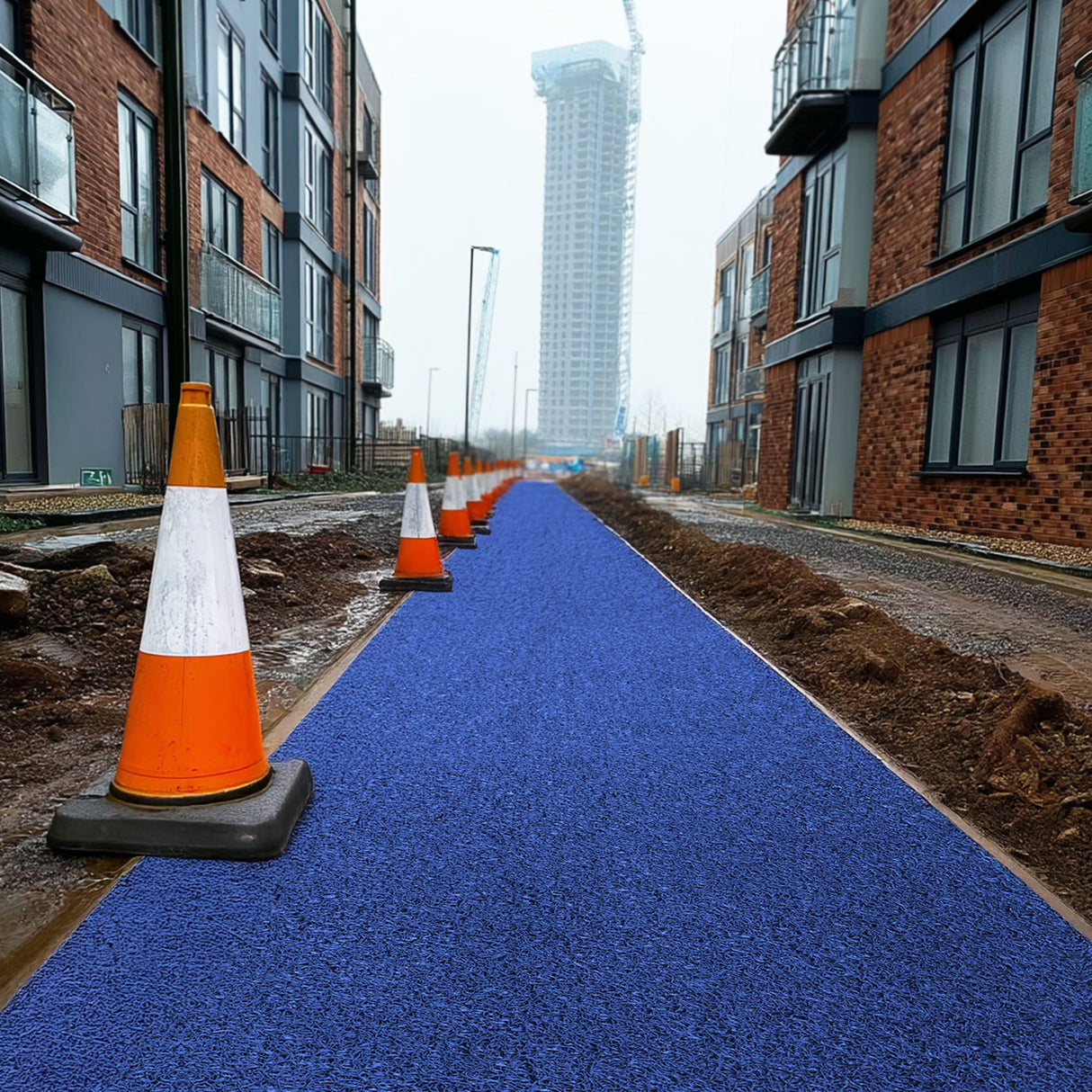 Blue spaghetti mat pathway with orange traffic cones in an urban setting