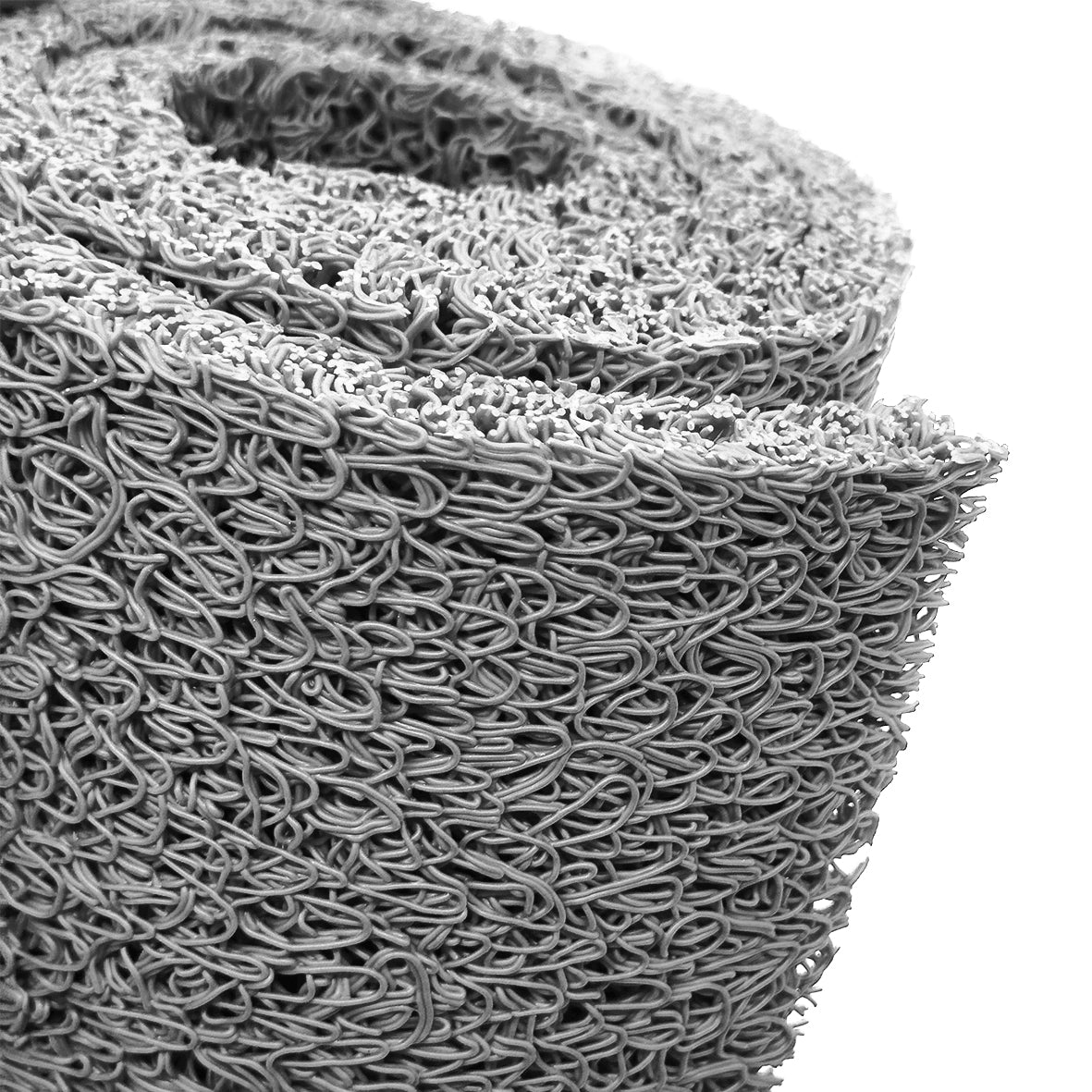 Roll of grey spaghetti mat on a white background
