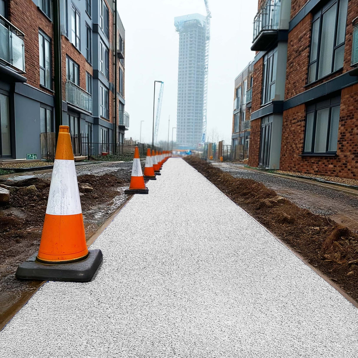 Row of orange traffic cones on a white walkway site mat with modern buildings in the background.