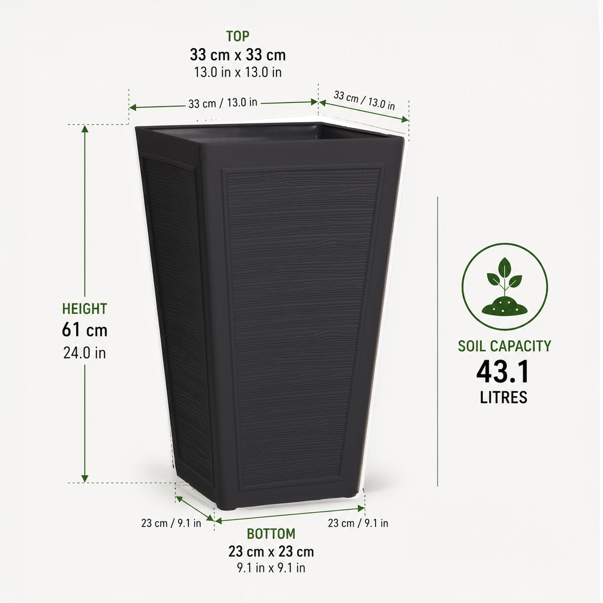 Avondale Black Plaster Wood Recycled Rubber Tall Planter Pot
