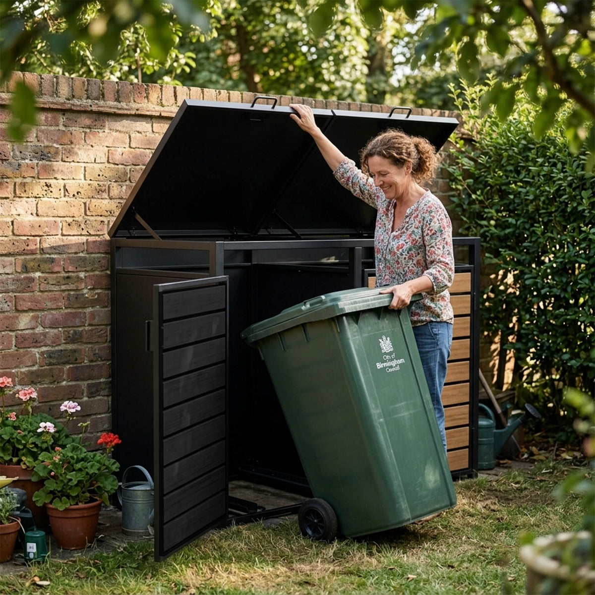 Outdoor Metal Garbage Bin Shed with Wood Effect Doors