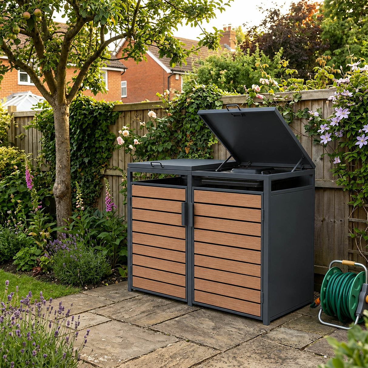 Outdoor Metal Garbage Bin Shed with Wood Effect Doors