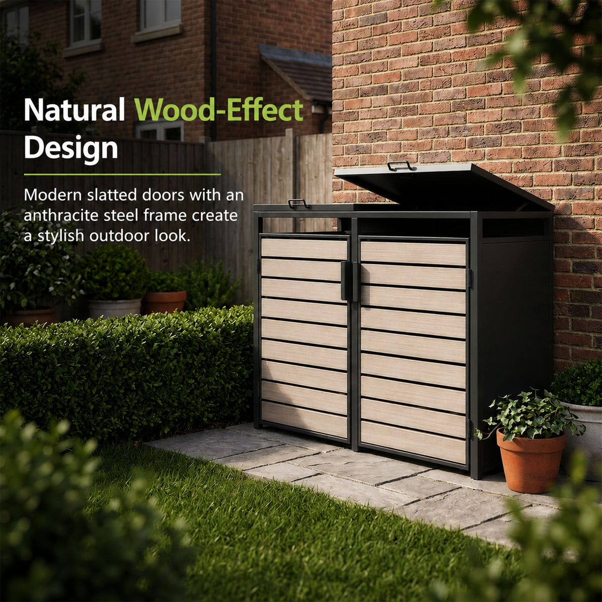 Outdoor Metal Garbage Bin Shed with Wood Effect Doors