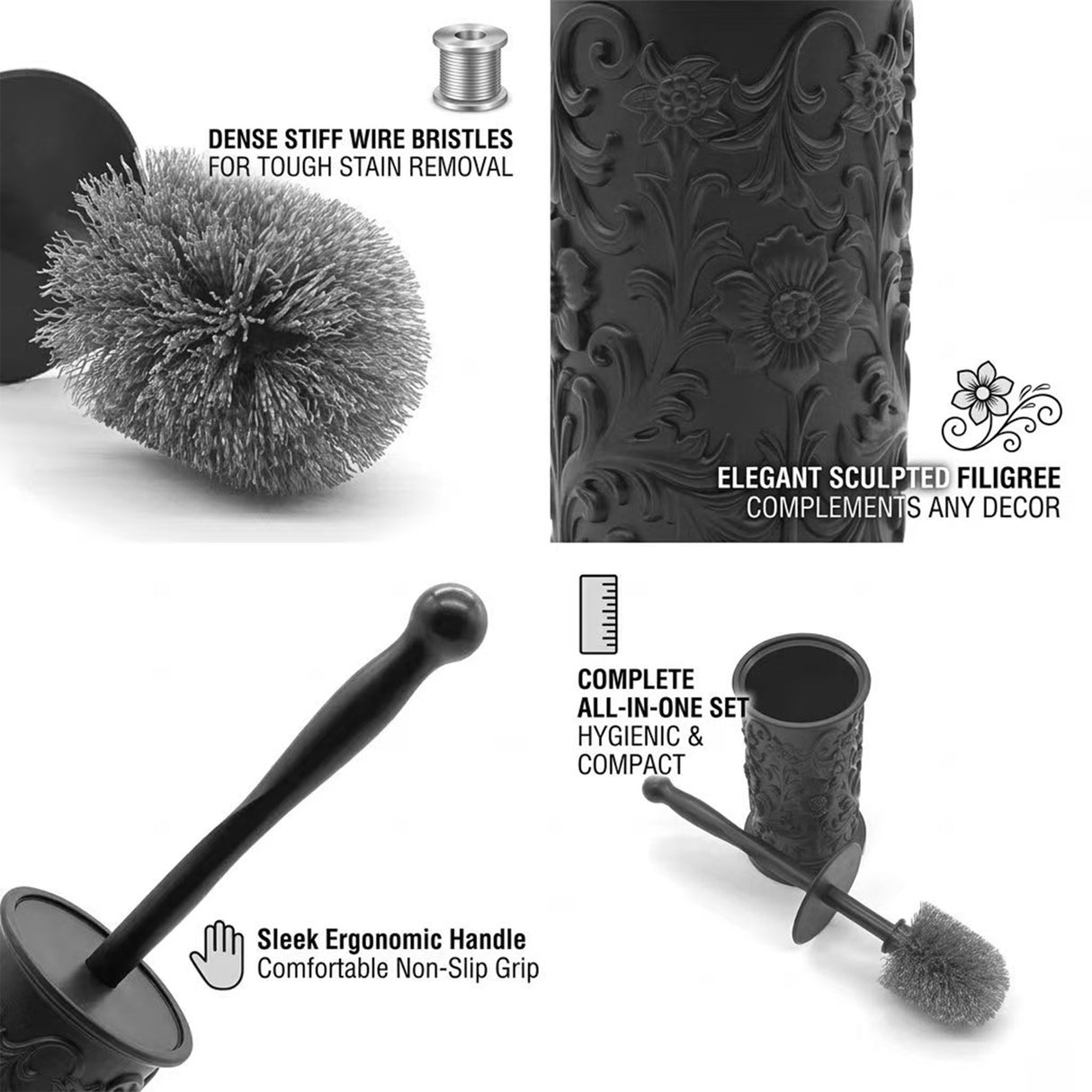 Elegant Floral Toilet Brush with Holder - Black