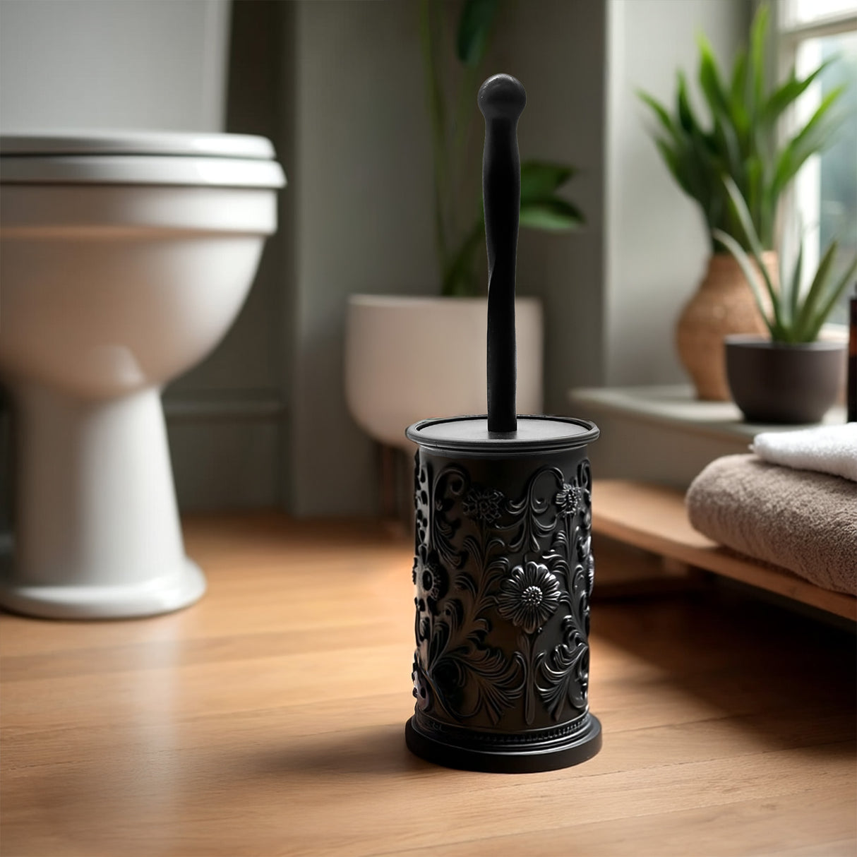 Elegant Floral Toilet Brush with Holder - Black