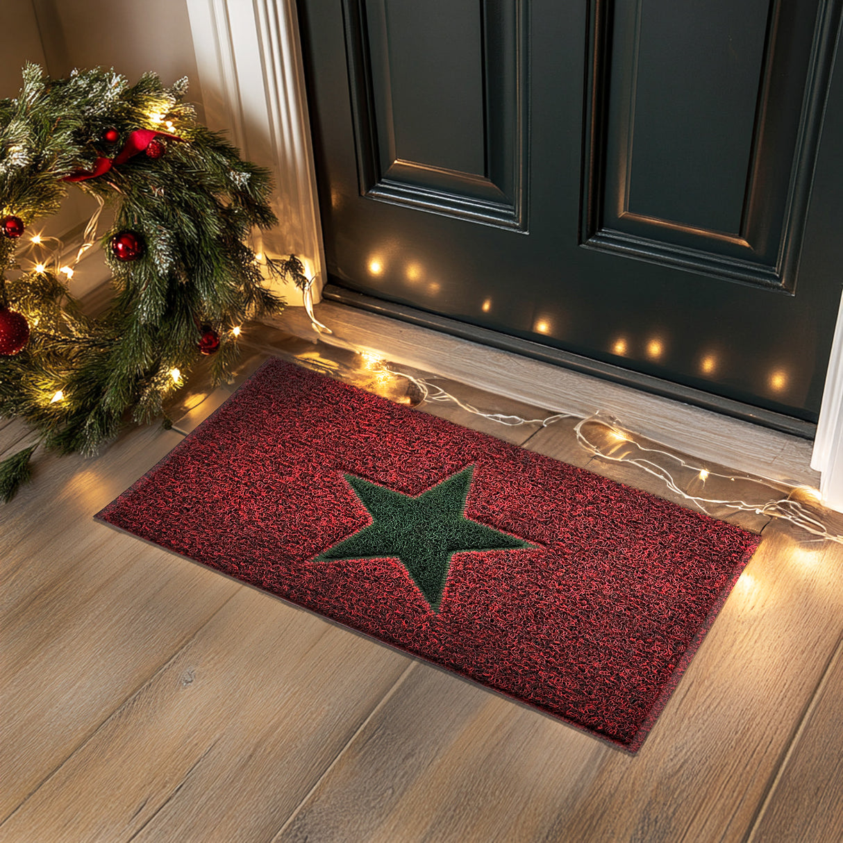 Christmas Star PVC Spaghetti Doormat - Red & Green Design