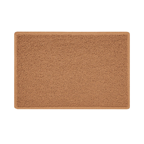 A beige indoor spaghetti door mat with a textured design and a non-slip rubber base.