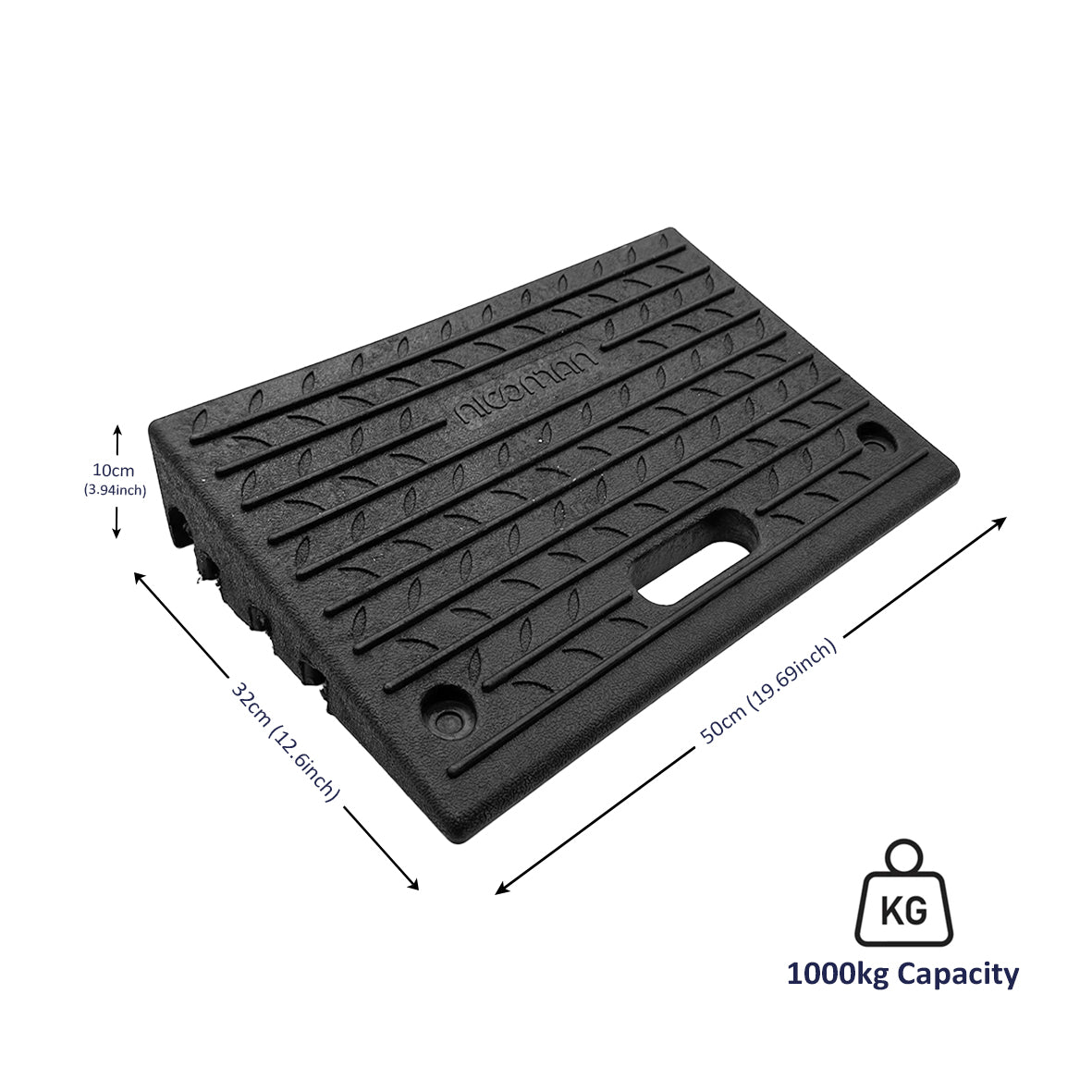 Black rubber kerb ramp with measurements and weight details on a white background