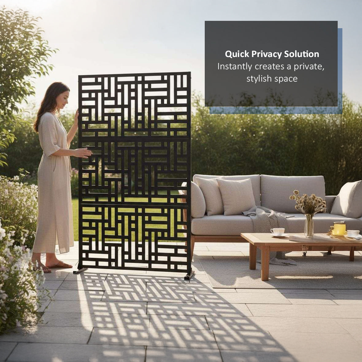 A person setting up a metal privacy screen in a garden with text overlay.