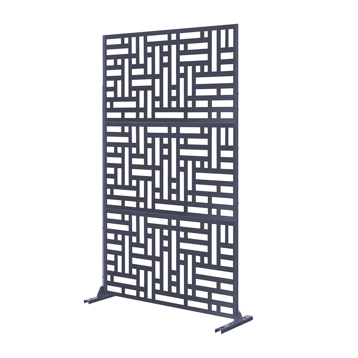 Metal privacy screen in grey with geometric pattern on a white background