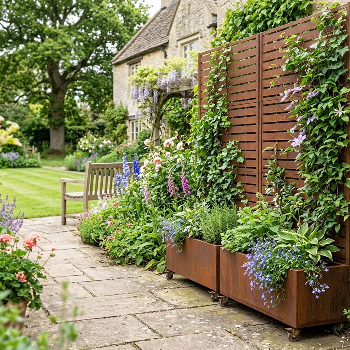Metal Indoor/Outdoor Privacy Screen with Plant Pot - Slats