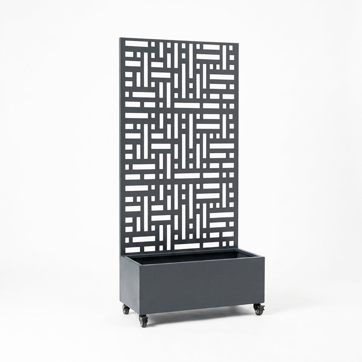 Grey metal privacy screen with the planter box in a geometric pattern on a white background