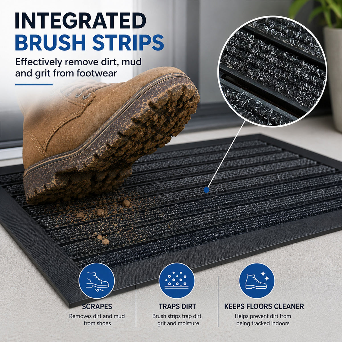 Integrated Brush Strip Door Mat with Elevated Drainage Design