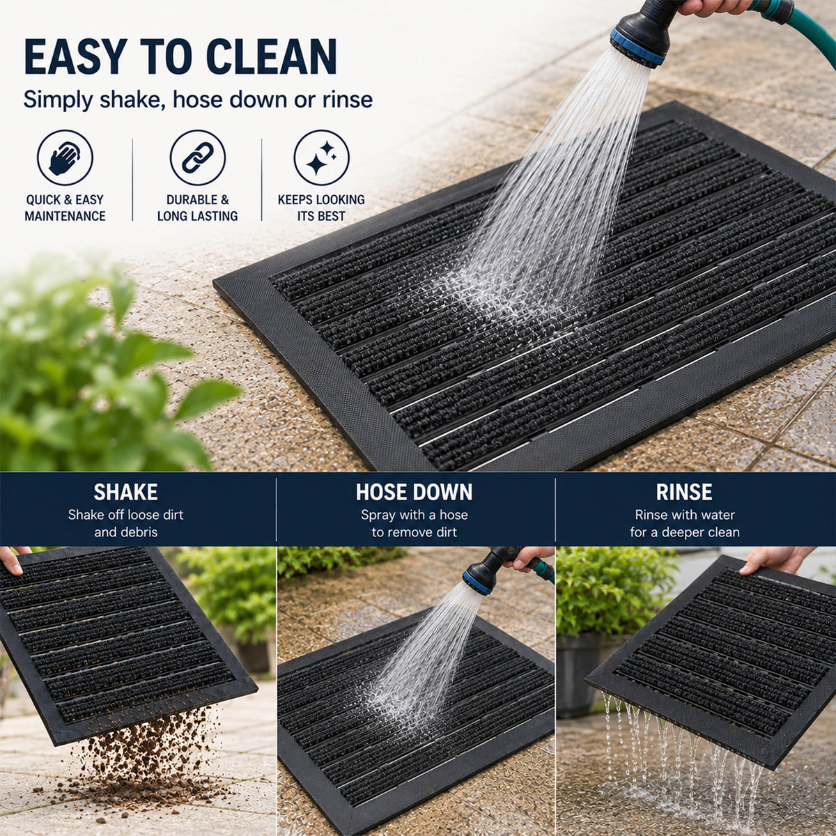 Integrated Brush Strip Door Mat with Elevated Drainage Design