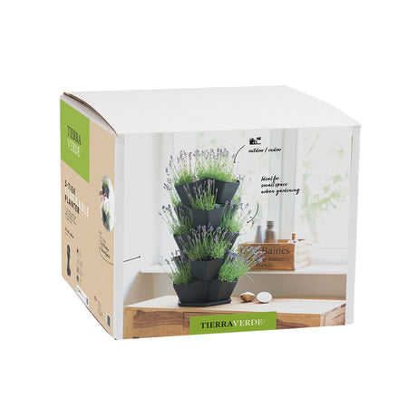 Tierra Verde 5 tier stackable planter  packaging on a white background