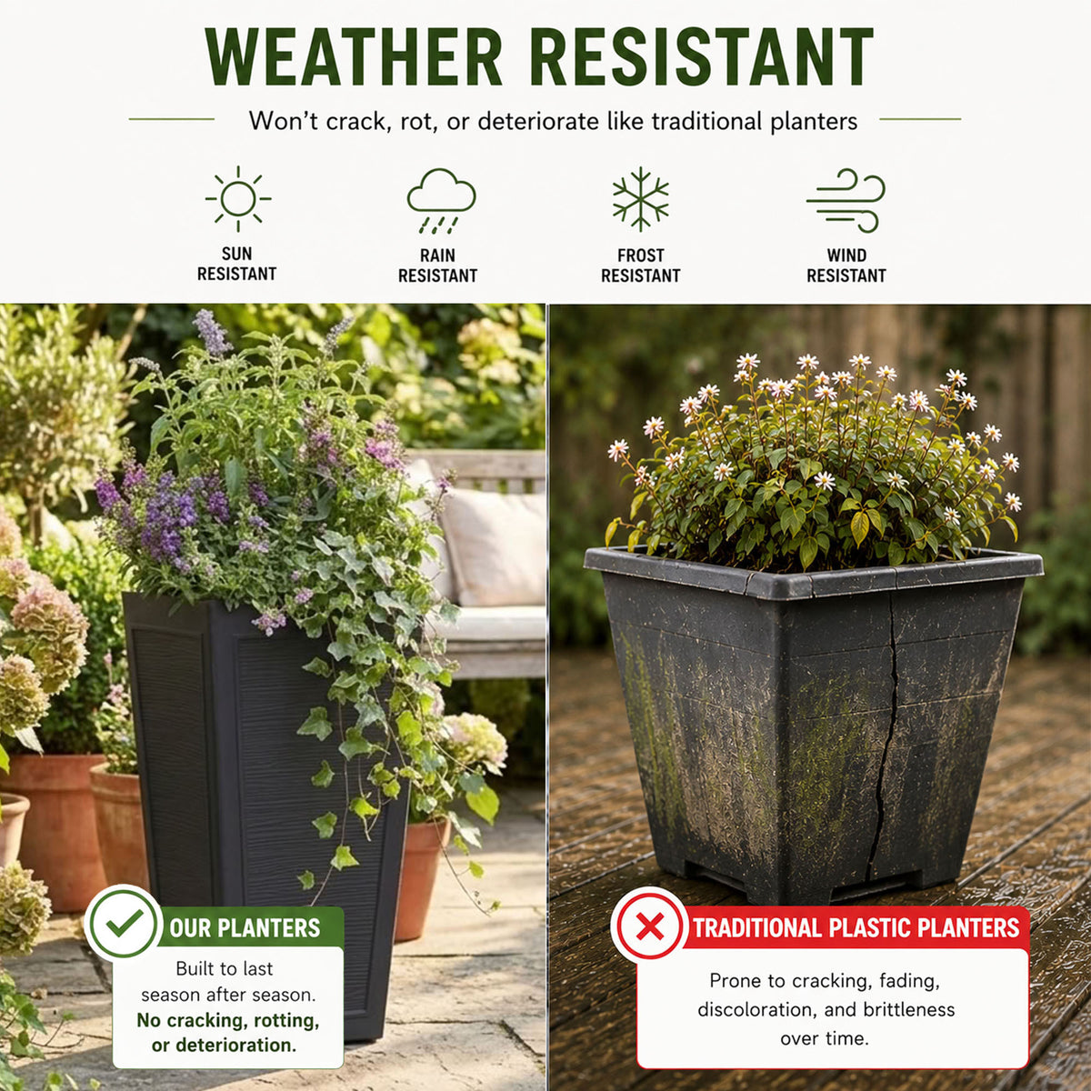 Avondale Black Plaster Wood Recycled Rubber Tall Planter Pot