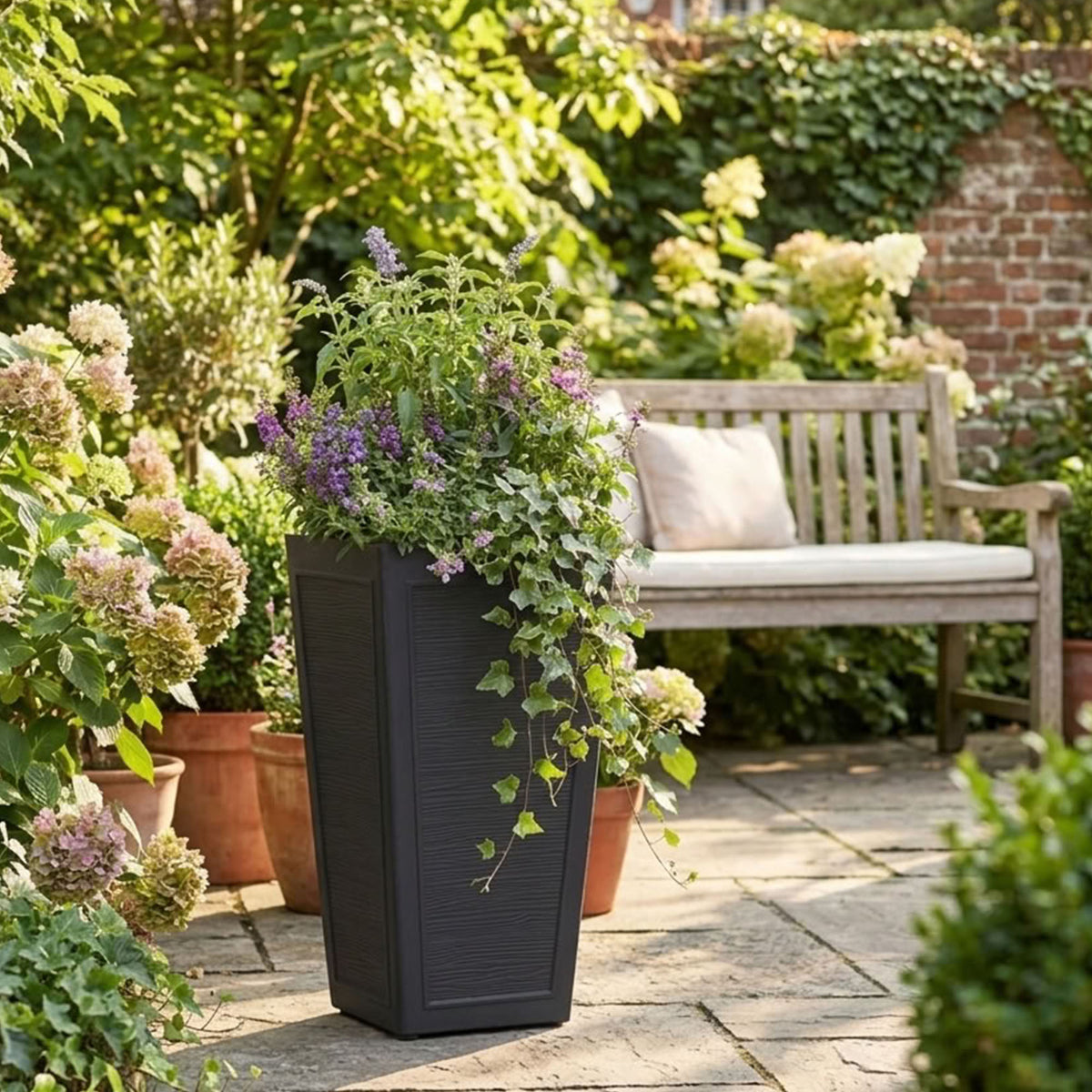 Avondale Black Plaster Wood Recycled Rubber Tall Planter Pot