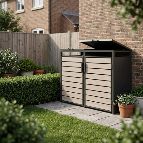 Outdoor Metal Garbage Bin Shed with Wood Effect Doors
