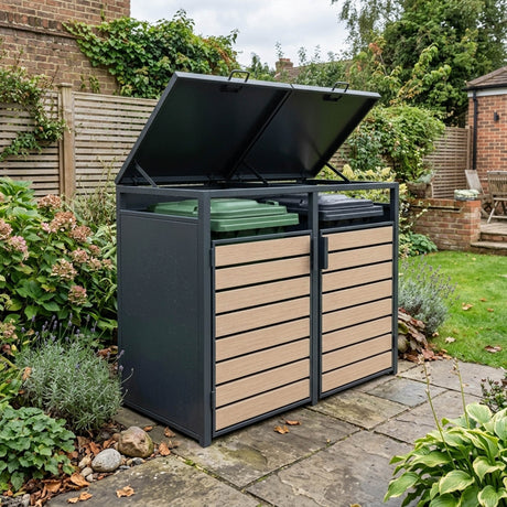 Outdoor Metal Garbage Bin Shed with Wood Effect Doors