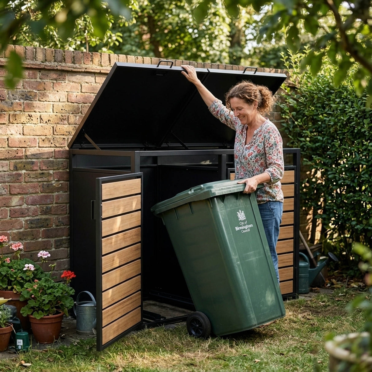 Outdoor Metal Garbage Bin Shed with Wood Effect Doors