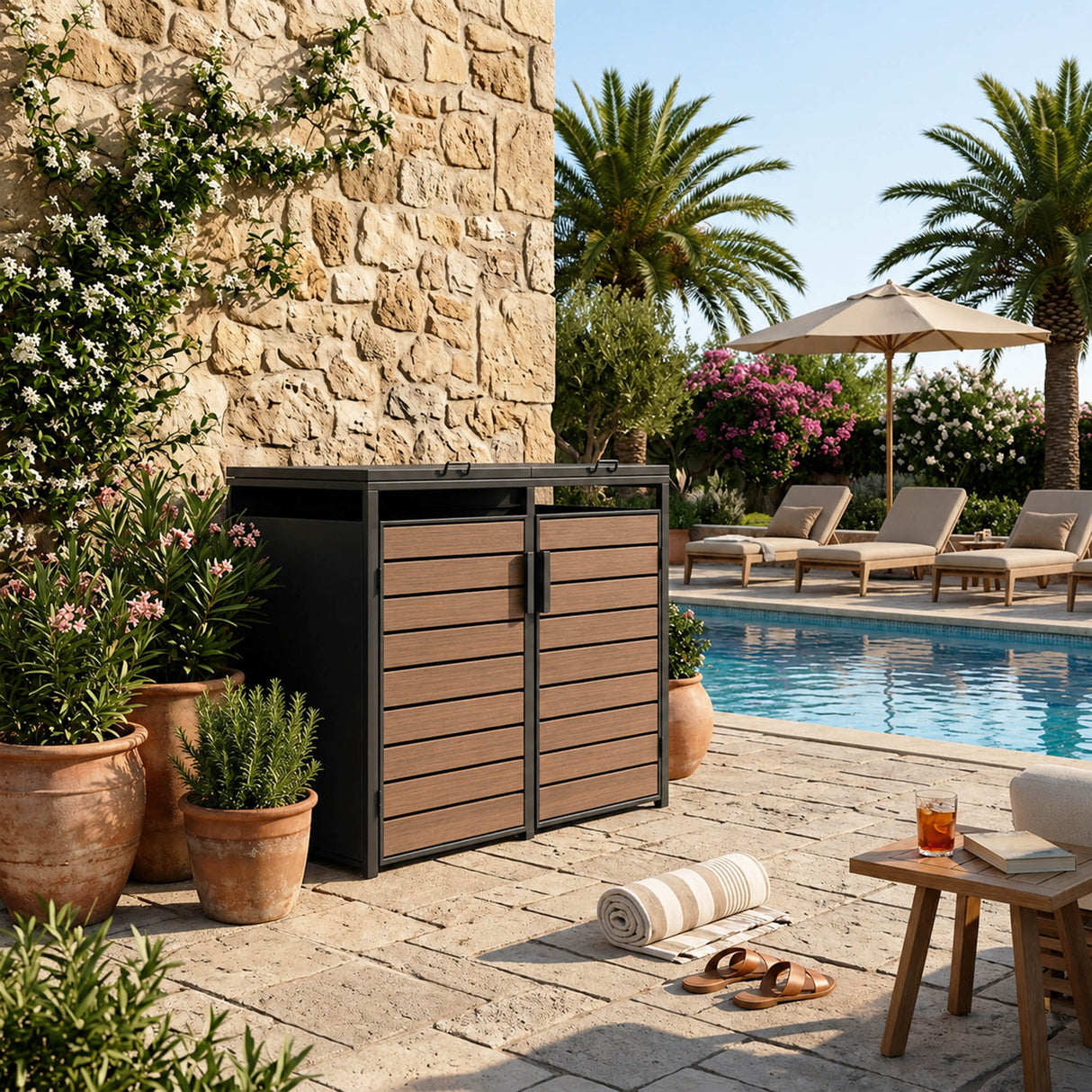 Outdoor Metal Garbage Bin Shed with Wood Effect Doors
