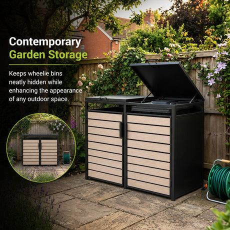 Outdoor Metal Garbage Bin Shed with Wood Effect Doors