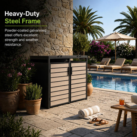 Outdoor Metal Garbage Bin Shed with Wood Effect Doors