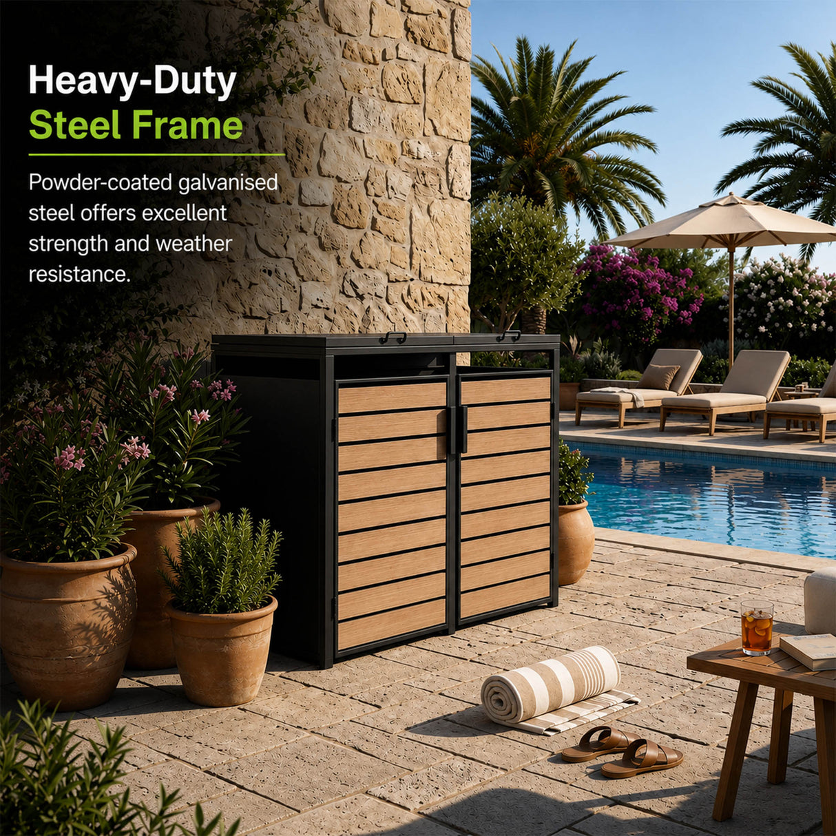 Outdoor Metal Garbage Bin Shed with Wood Effect Doors