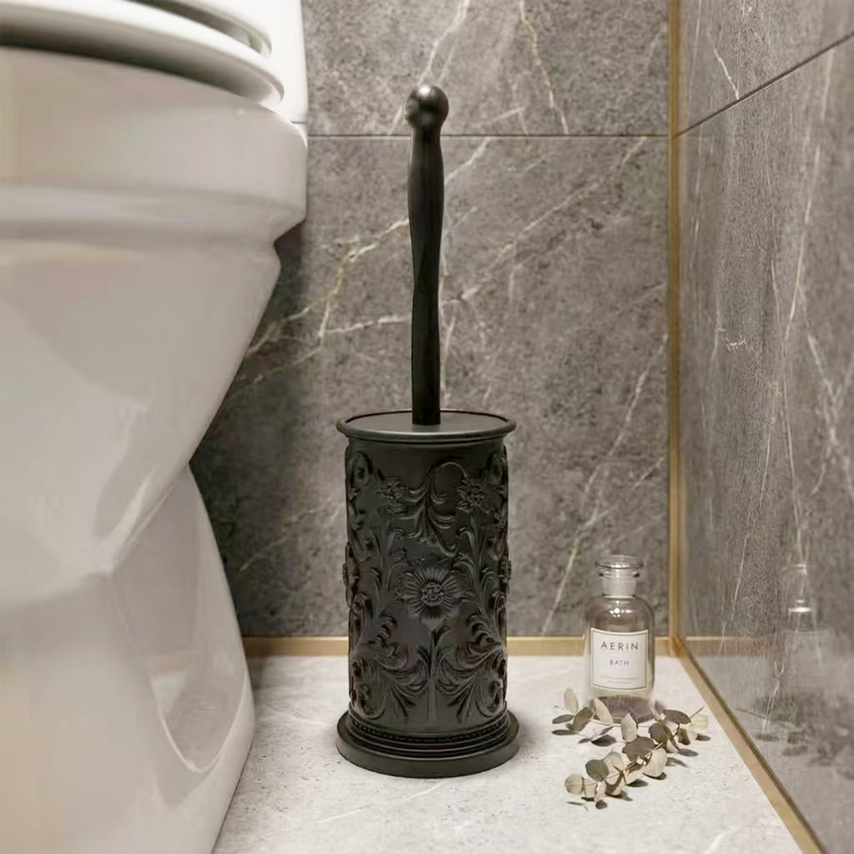 Elegant Floral Toilet Brush with Holder - Black