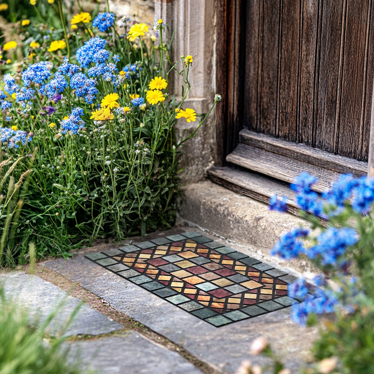 Nicoman Elegant Tile Effect Doormat - Blue Edge