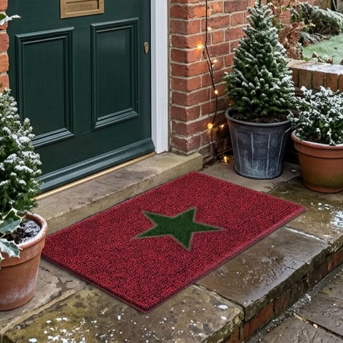 Christmas Star PVC Spaghetti Doormat - Red & Green Design