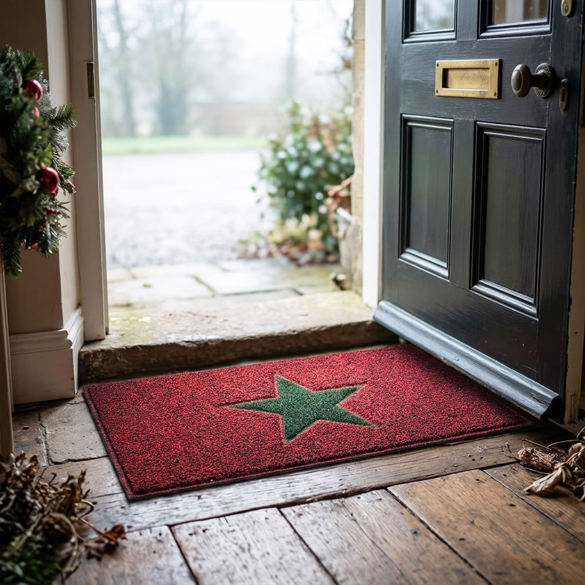 Christmas Star PVC Spaghetti Doormat - Red & Green Design