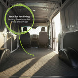 The rubber mat highlighting as ideal for van lining to protect the floor