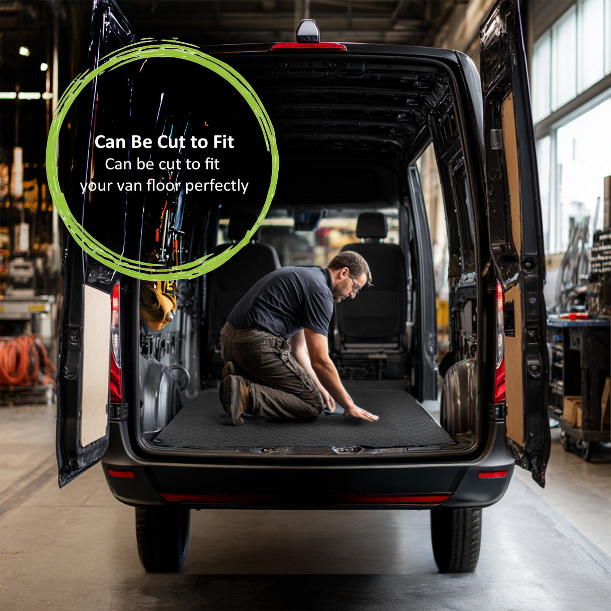 Person installing the 4mm thick rubber floor mat in a van with text 'Can Be Cut to Fit' displayed.