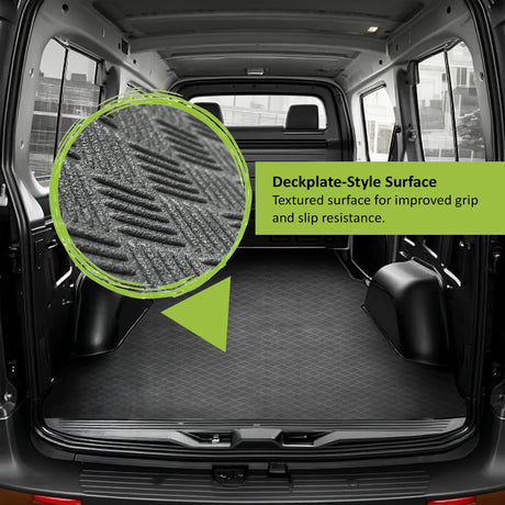 Interior view of a van cargo area fitted with a black deckplate rubber floor mat, featuring a circular inset zoom and text highlighting the textured, slip-resistant surface.