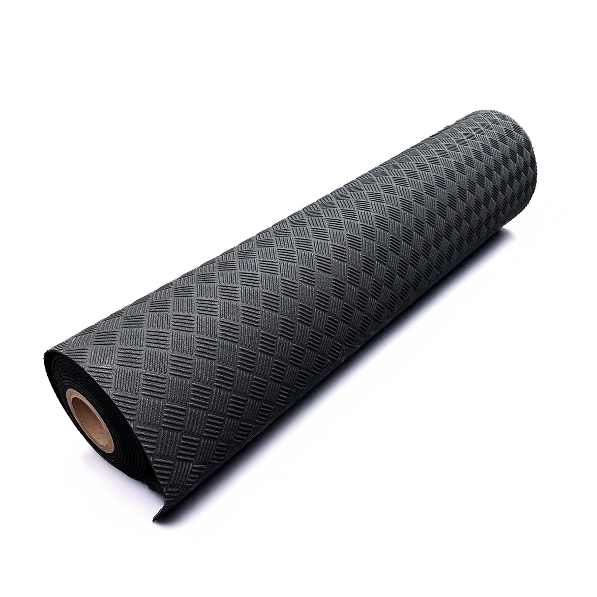 Black Eco Deckplate rubber flooring roll with a textured checker-plate pattern, isolated on a white background.