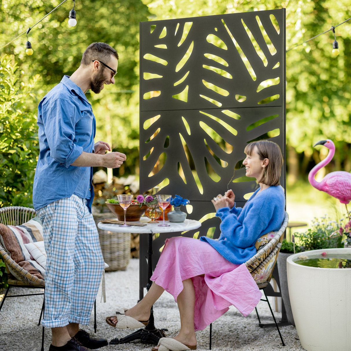 Freestanding Outdoor Privacy Screen, Decorative Metal Garden Divider with Stand for Deck, Pool, 48" x 78" Black