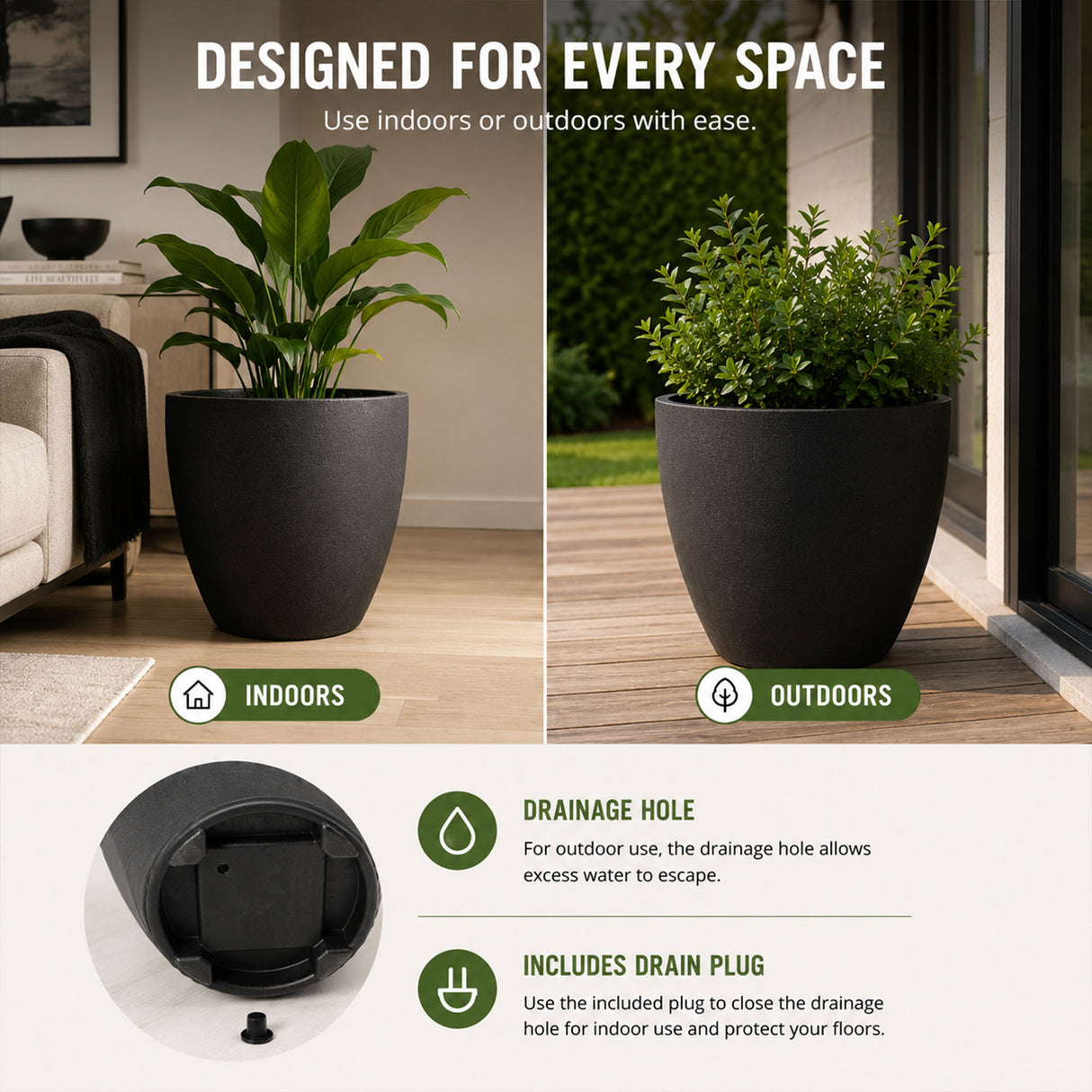 Madison Black Smooth Recycled Rubber Plant Pot