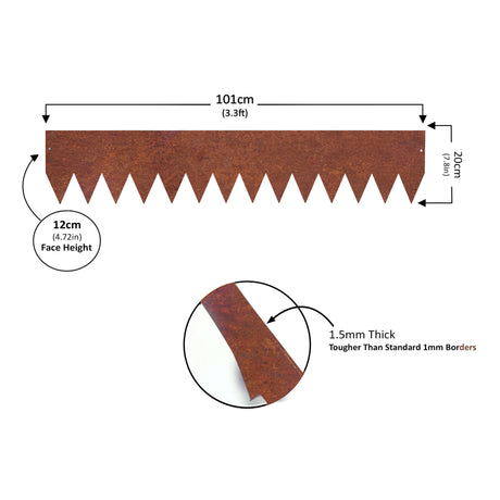 Measurement chart of a metal border strip with dimensions and thickness details.