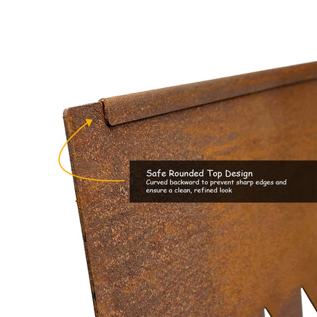 Close-up of rust metal saw garden edging with a safe rounded top design.