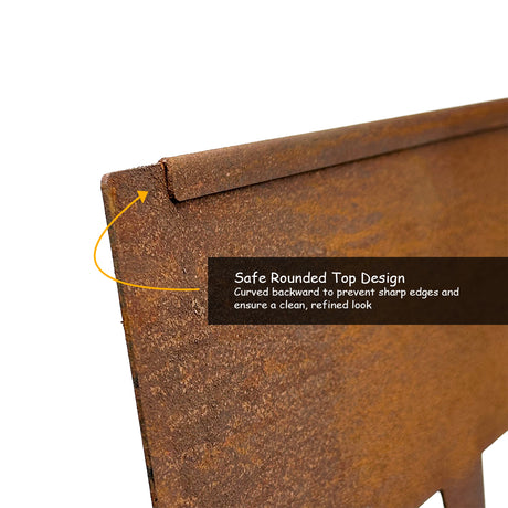 Close-up of rust metal 15cm high edge  with a safe rounded top design.