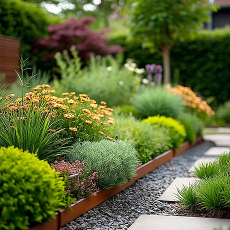 Modern rust metal garden edging bordering a stone walkway, featuring vibrant orange and pink flowers for a contemporary landscaped garden design.