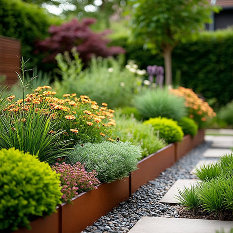 Rust Corten steel 20cm high garden edging used for raised flower beds alongside a gravel path