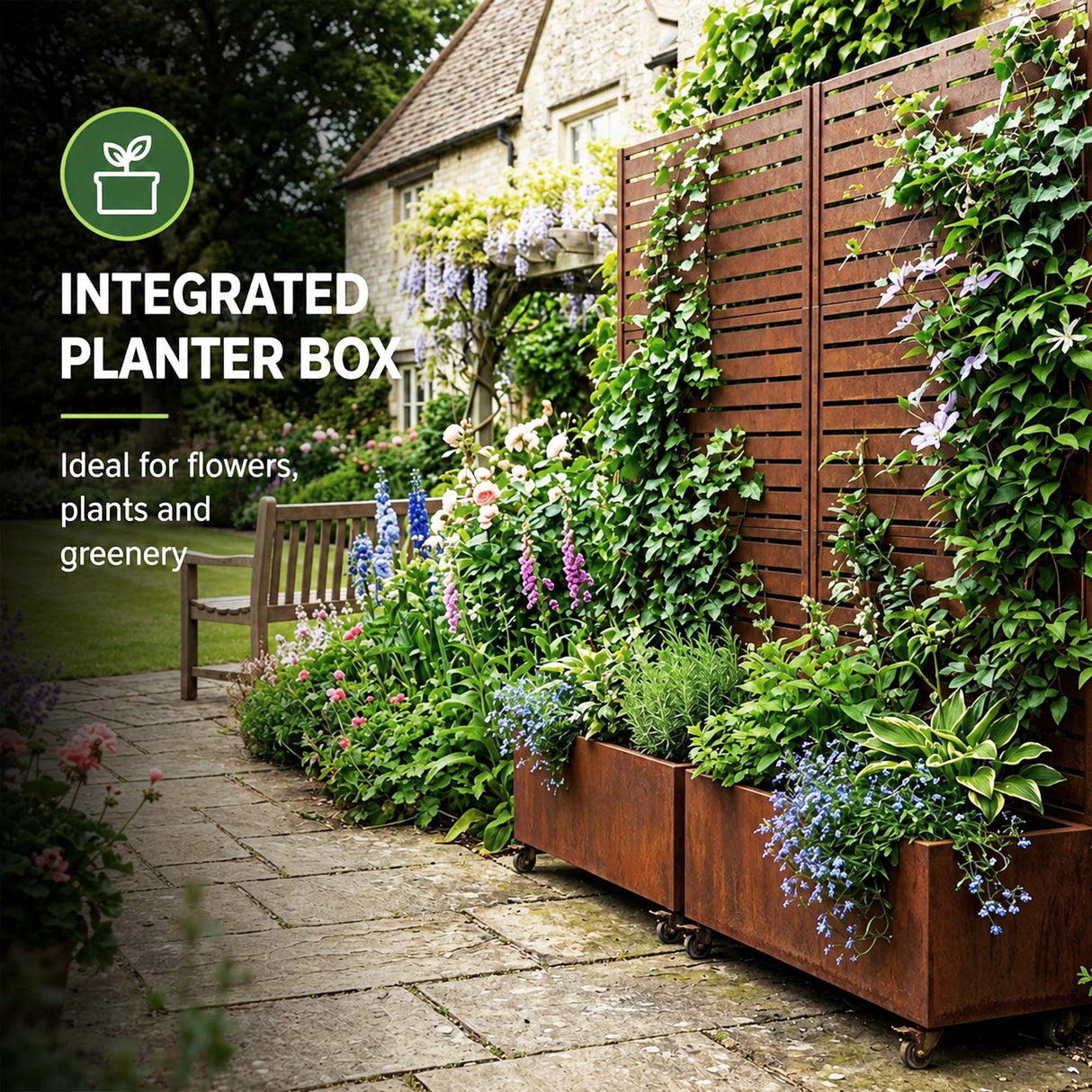 Metal Indoor/Outdoor Privacy Screen with Plant Pot - Slats