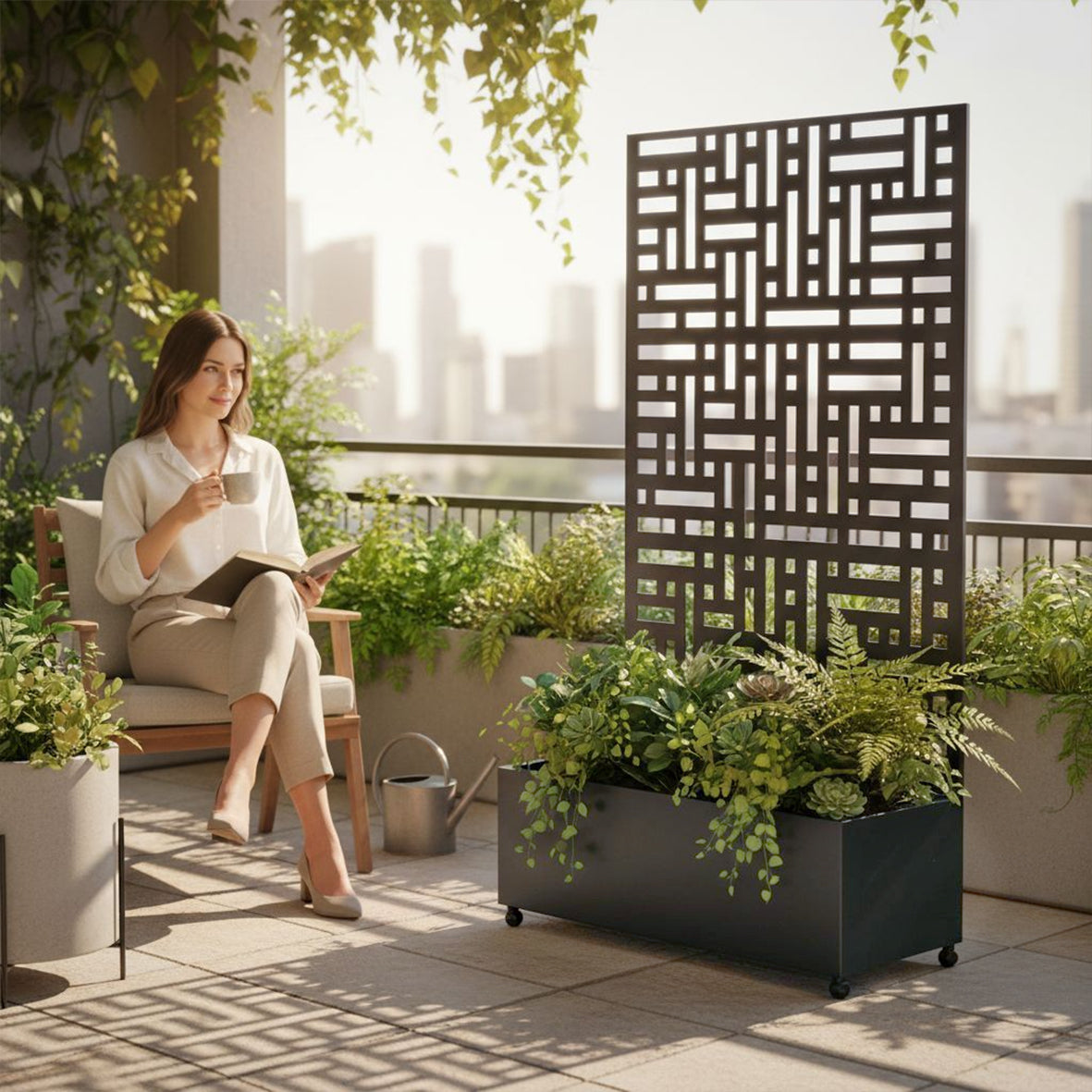 Metal Outdoor Privacy Screen with Plant Pot - 90cm x 180cm