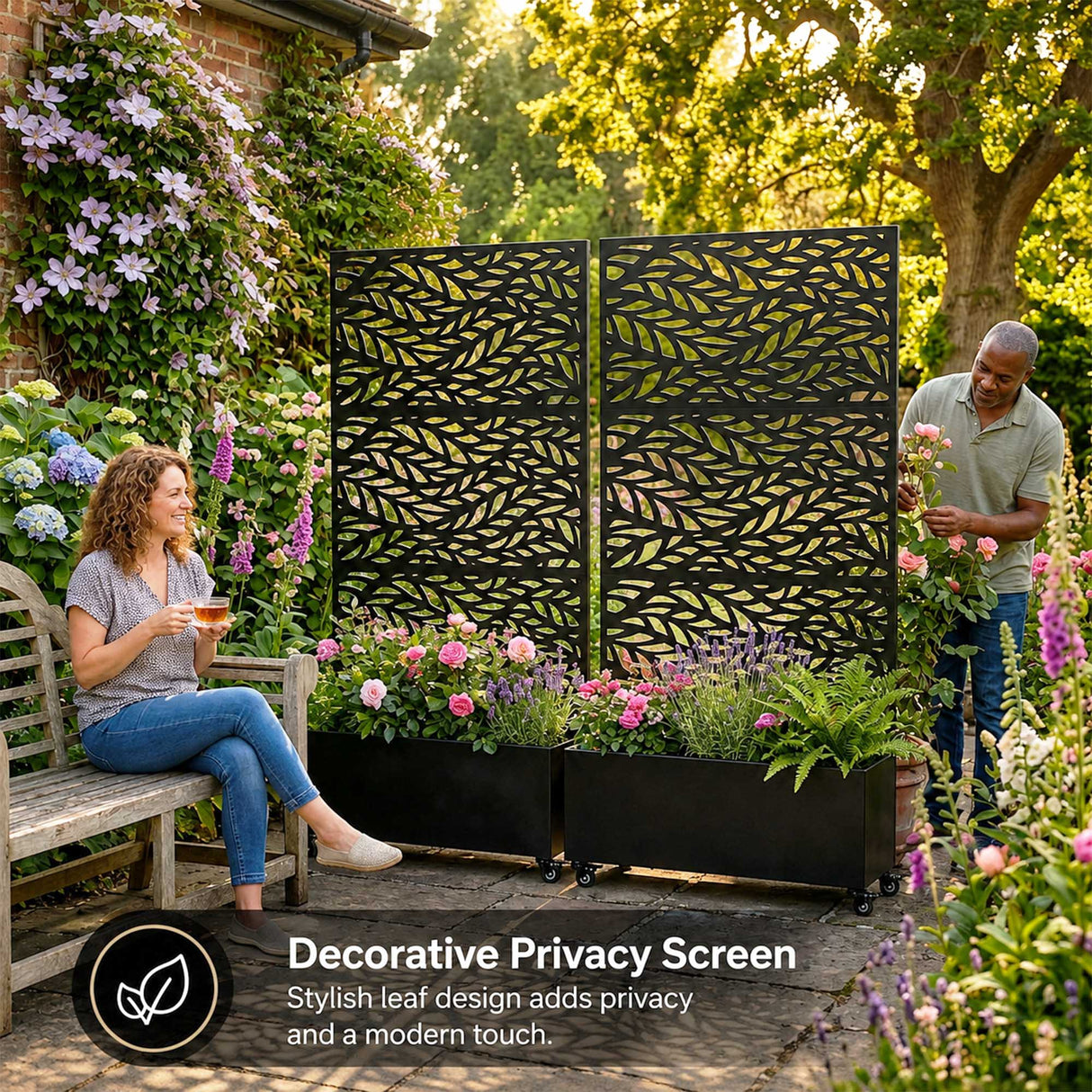 Metal Indoor/Outdoor Privacy Screen with Plant Pot - Leaf