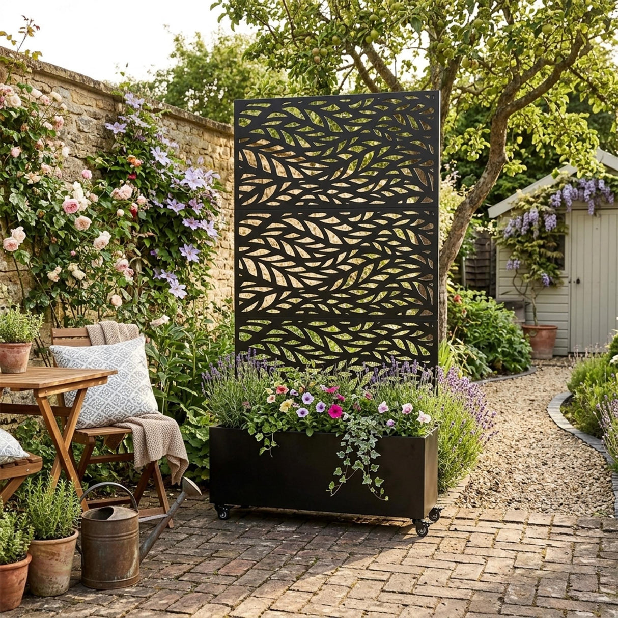 Metal Indoor/Outdoor Privacy Screen with Plant Pot - Leaf