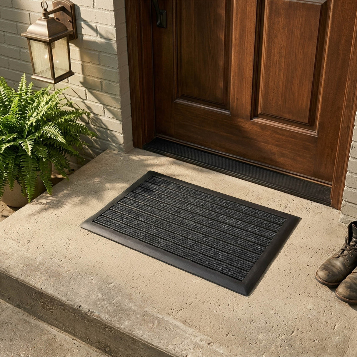 Integrated Brush Strip Door Mat with Elevated Drainage Design