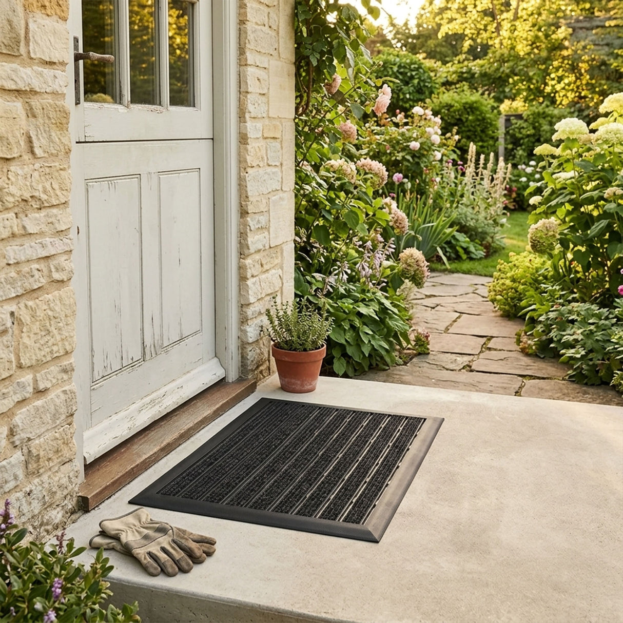 Integrated Brush Strip Door Mat with Elevated Drainage Design
